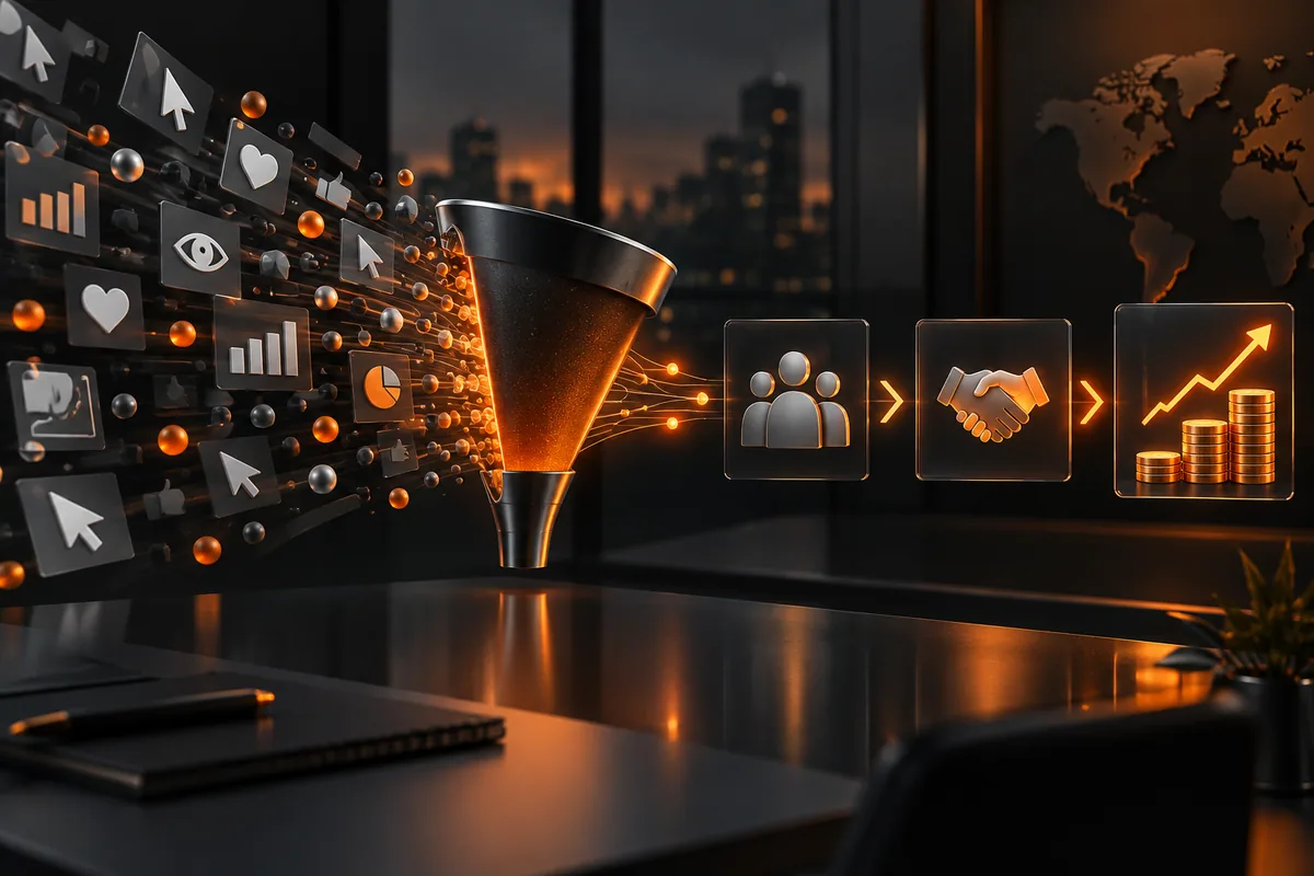 Funil que transforma métricas de mídia em oportunidades, clientes e resultados comerciais.