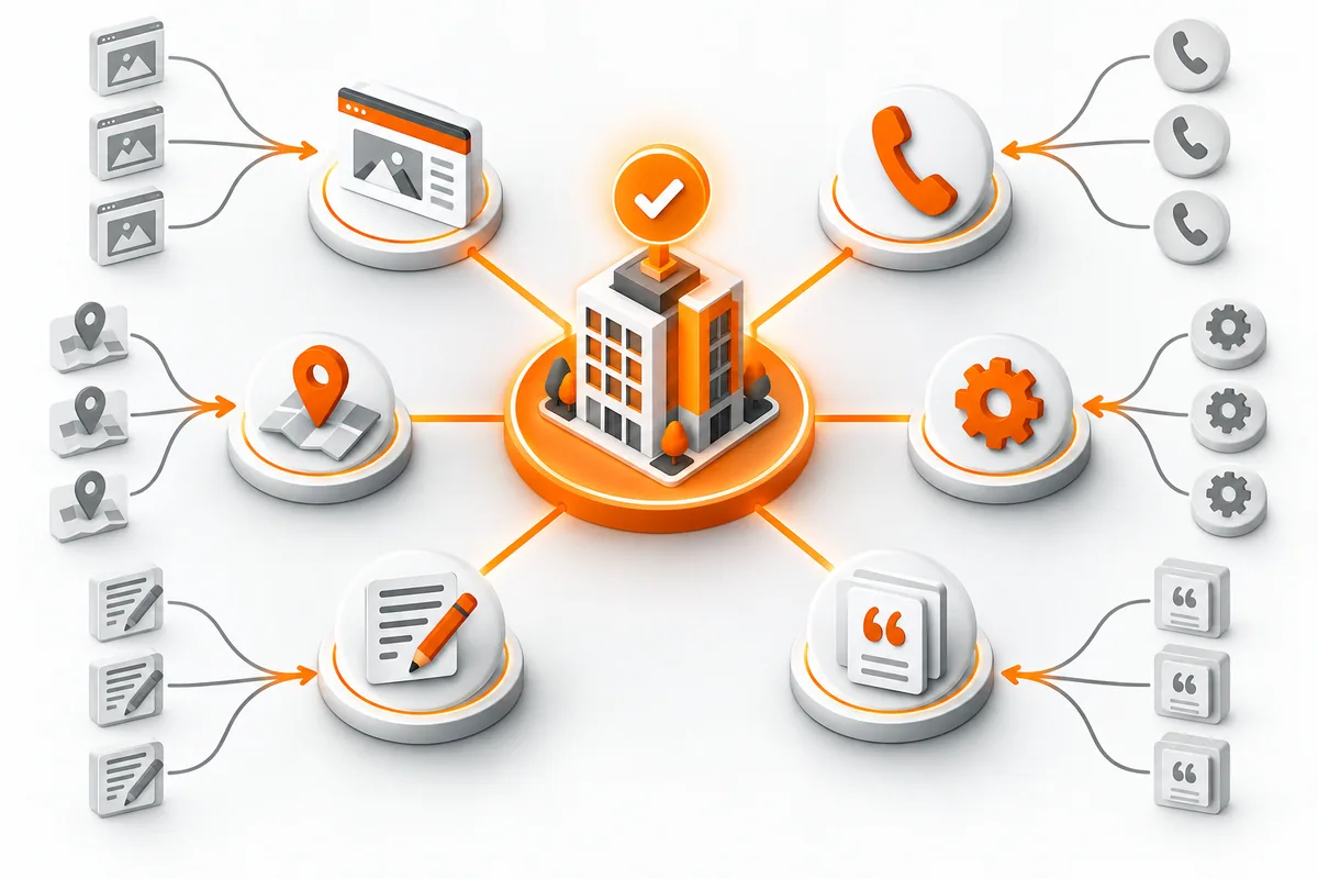 Identidade central de uma organização conectada a serviço, contato, localização, autoria e fontes.