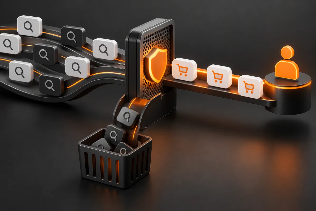 Fluxo visual que separa termos de pesquisa incompatíveis e conduz intenções comerciais ao funil de leads.