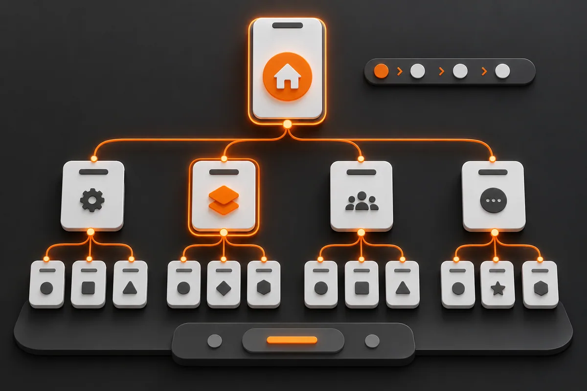 Grafo de navegação mobile com hierarquia, links rastreáveis, foco e caminhos alternativos.
