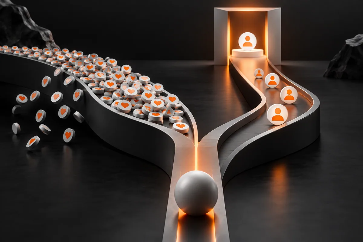Fluxo abstrato alinhando objetivo de negócio, destino da conversão e resultado qualificado em anúncios sociais.