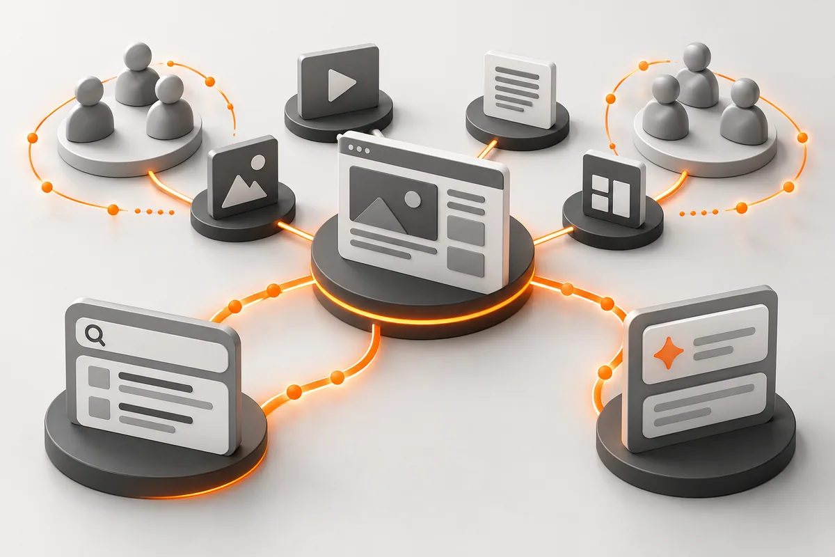 Fonte editorial abstrata conectada a preferências de audiência, busca tradicional e descoberta por inteligência artificial.