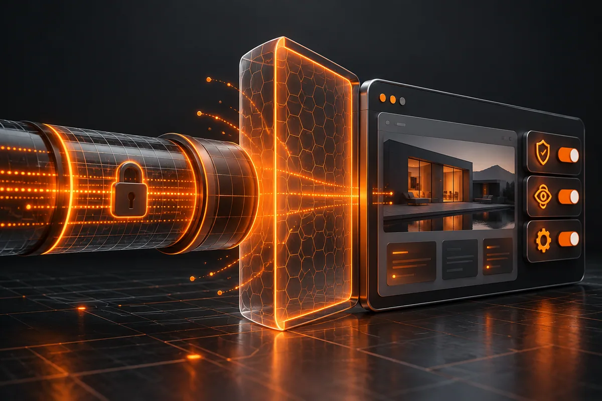 Camadas de transporte seguro, privacidade e permissões protegendo uma página web.