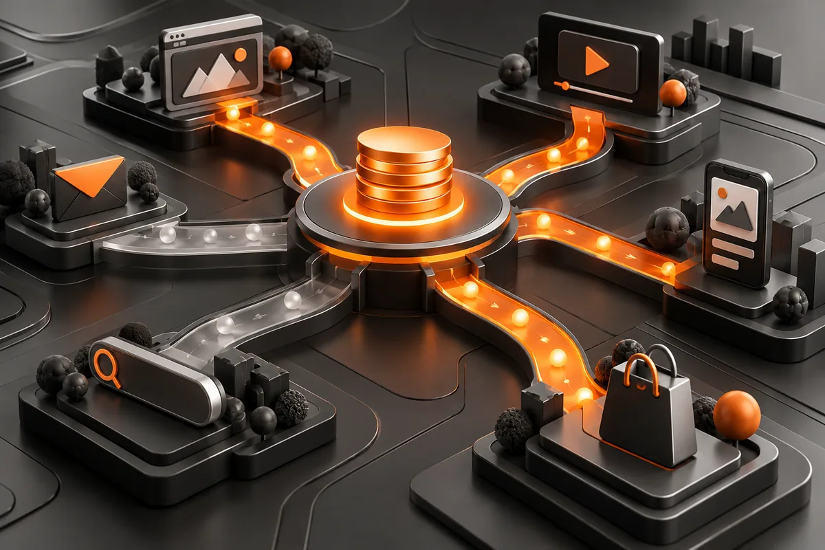 Ilustração abstrata de orçamento de campanha distribuído entre canais de mídia digital.