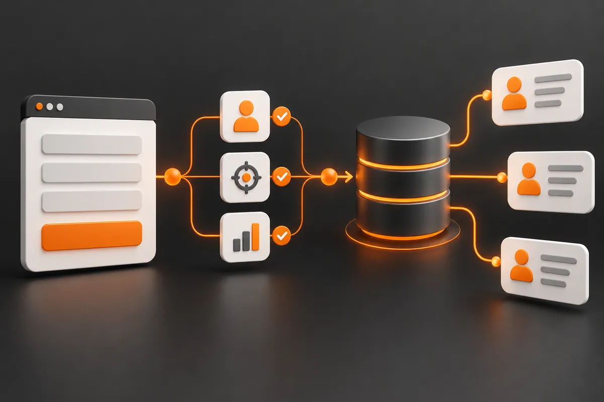 Fluxo abstrato de formulário para qualificação e CRM, representado por cartões e linhas sem dados pessoais.