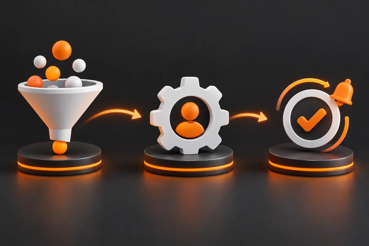 Fluxo abstrato de um formulário para triagem, CRM e retorno comercial com etapas de acompanhamento.