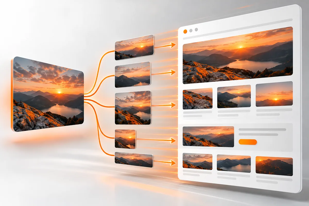Composição com imagem principal carregando rápido em diferentes dispositivos e tamanhos de tela.