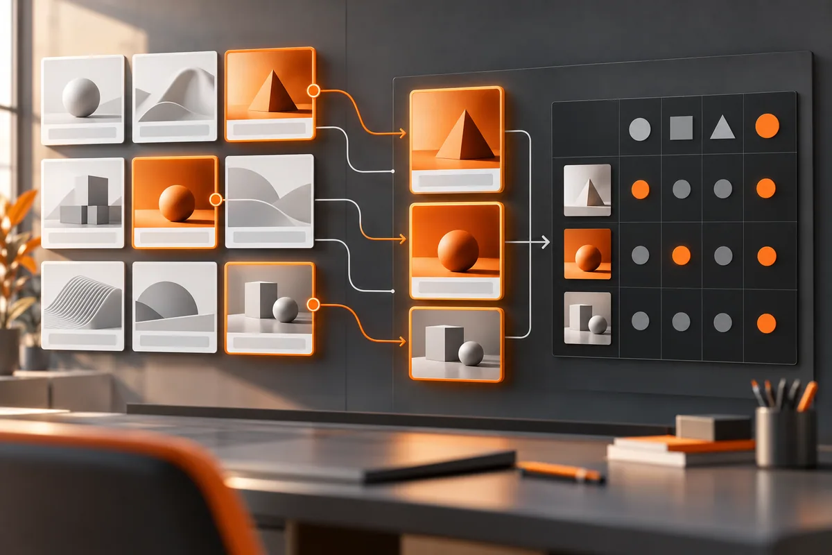 Módulos criativos abstratos organizados em um painel visual para revisão de desempenho de anúncios de pesquisa.