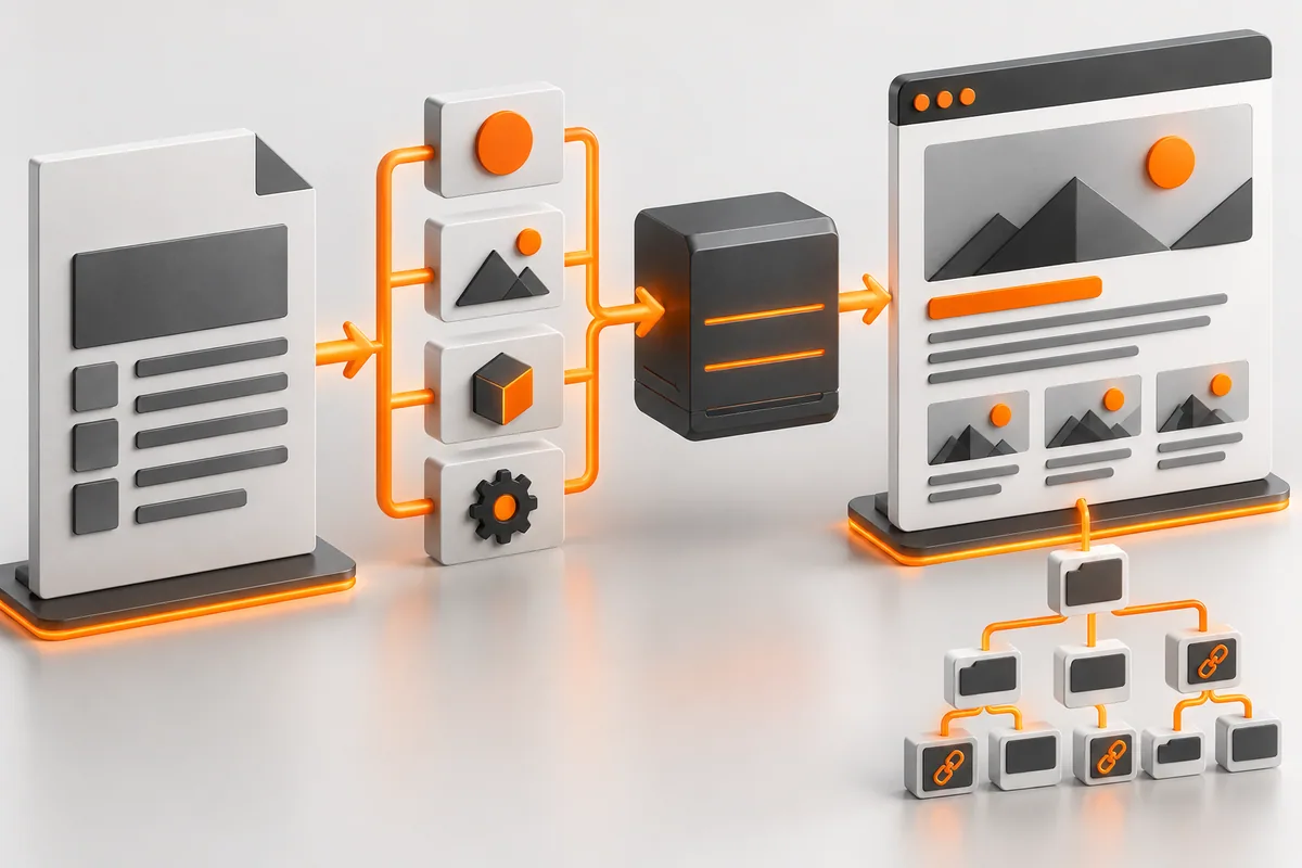 Fluxo abstrato mostrando uma página web passando por carregamento e renderização até revelar sua estrutura de conteúdo.