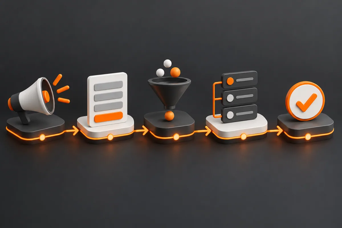 Fluxo abstrato de módulos de campanha, formulário, triagem e atendimento conectados por etapas.