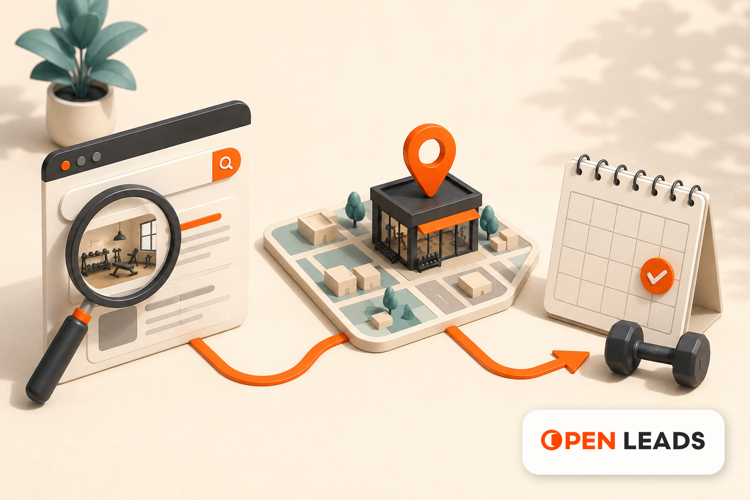 Ilustracao editorial sobre Google Ads para academias com a marca Open LEADS