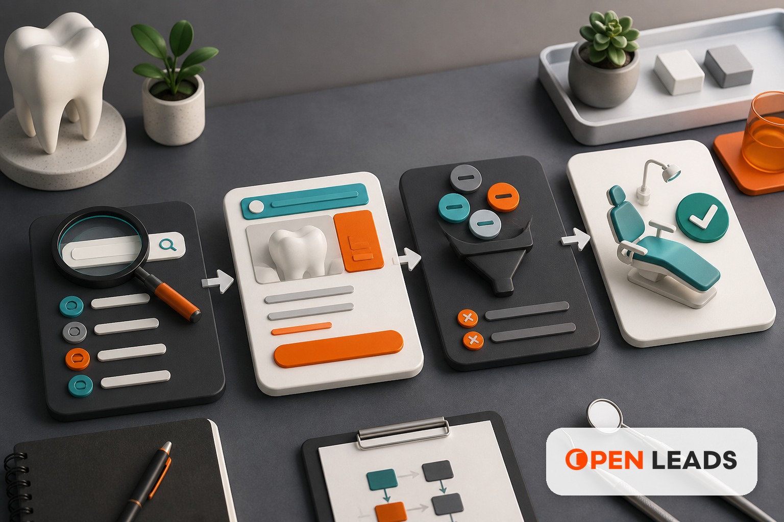 Ilustracao editorial sobre Google Ads para clínicas odontológicas com a marca Open LEADS