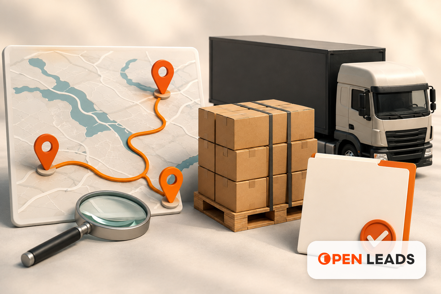 Ilustracao editorial sobre Google Ads para operadores logísticos Joinville e região com a marca Open LEADS