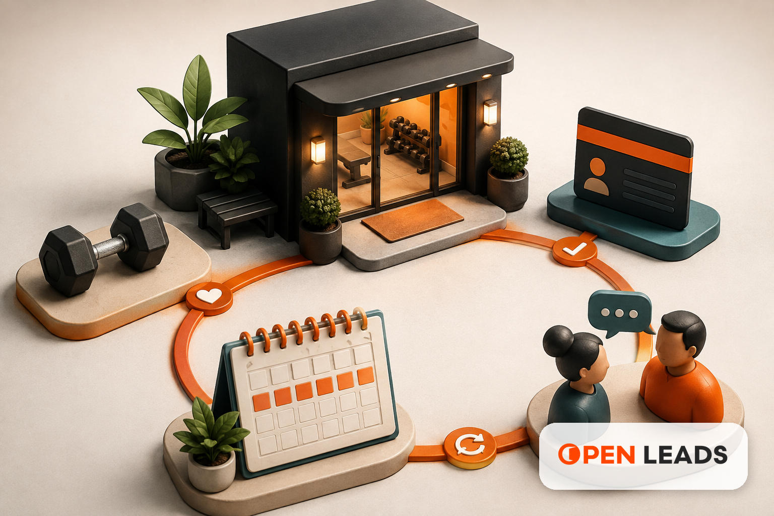 Ilustracao editorial sobre Marketing digital para academias com a marca Open LEADS
