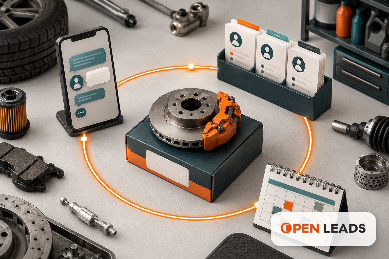 Ilustracao editorial sobre Marketing digital para autopeças e oficinas com a marca Open LEADS