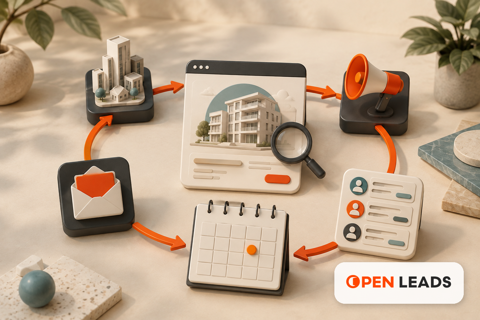 Ilustracao editorial sobre Agência de marketing digital para construtoras Joinville com a marca Open LEADS
