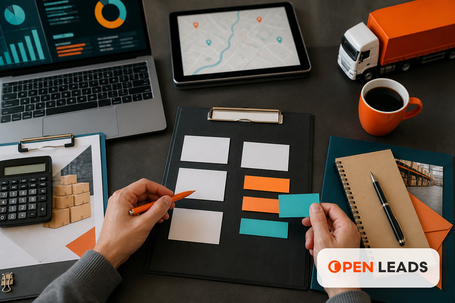Imagem editorial realista sobre Marketing digital para operadores logísticos com assinatura Open LEADS