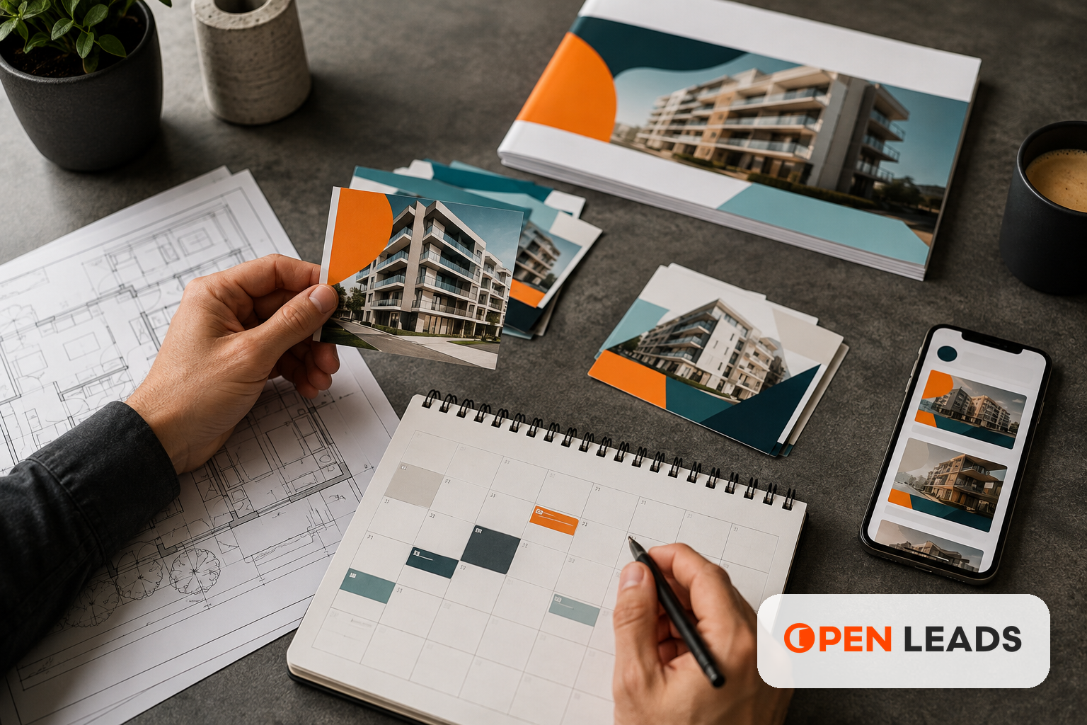 Imagem editorial realista sobre Meta Ads para construtoras em Joinville com assinatura Open LEADS