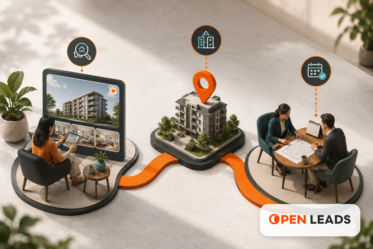 Ilustracao editorial sobre Gestão de tráfego pago para construtoras Joinville com a marca Open LEADS