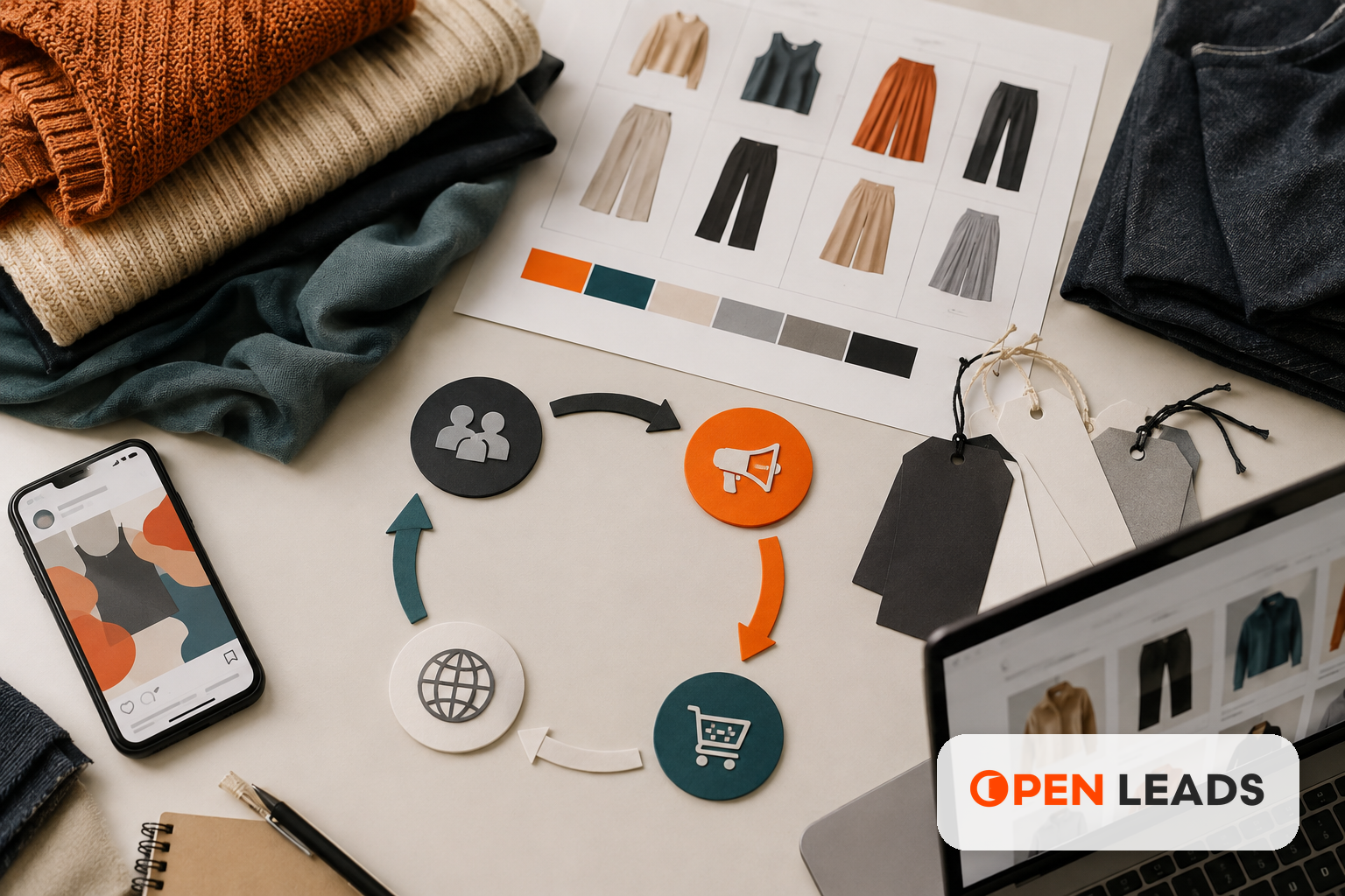 Imagem editorial realista sobre Tráfego pago para lojas de moda em Joinville com assinatura Open LEADS